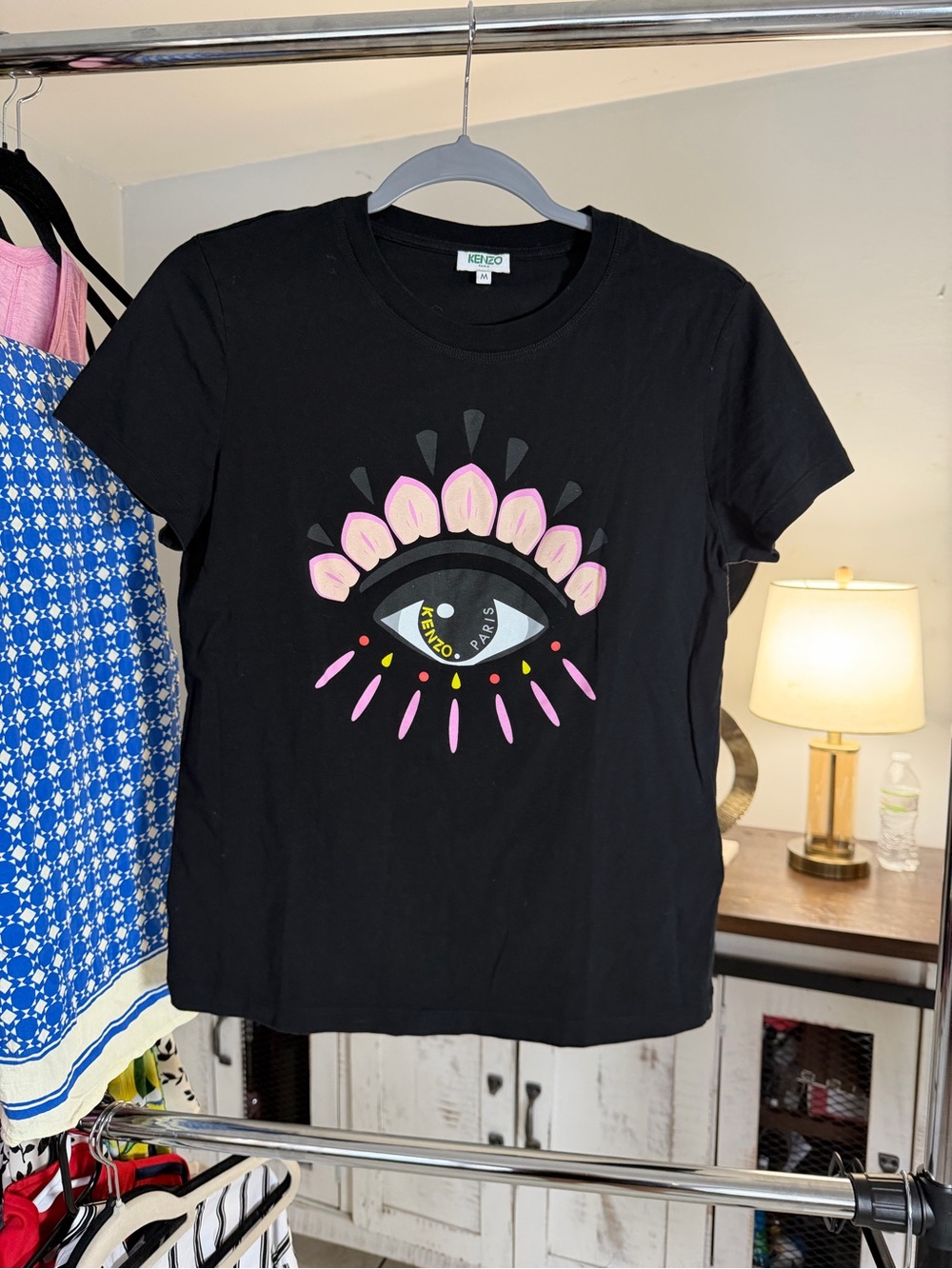 KENZO Black Graphic Eye Tee with Pink Accents M